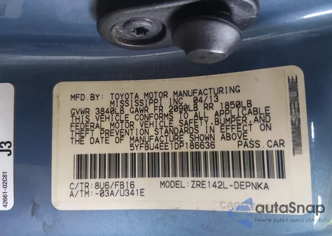 2013 Toyota Corolla Le z USA, uszkodzony, nr VIN 5YFBU4EE1DP186636